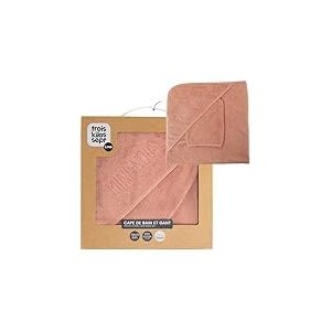 Trois Kilos Sept, Cape de Bain B&eacute;b&eacute; "Mini-Nous" 70X70cm Avec Gant, &Eacute;ponge Douce, Avec Capuche Brod&eacute;e, Ultra-Absorbante, Lavable &agrave; 30&deg;C, Naissance, Terracotta