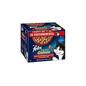 Felix Sensations Gelées Lot de 4 boîtes de Nourriture Humide pour Chat (4 x 24 sachets de 85 g)