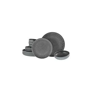 CreaTable, 21621, Serie Uno Volcano Dark, 12-teiliges Geschirrset, Teller Set aus Steinzeug, Anthrazit