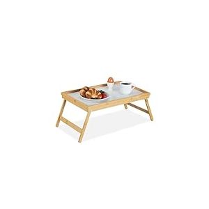 Relaxdays Plateau de Lit petite table de petit-déjeuner en bambou plateau de service pieds pliants pliables en bois avec tablette en plastique HxlxP : 23,5 x 50 x 31 cm, nature 1 pièce