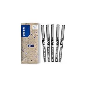 PILOT - Lot de 5 V5 - Stylos Roller à Encre Liquide à Pointe Fine pour une Écriture Fluide et Précise - Séchage rapide, ne fuit pas - Noir - Pointe Fine (0,5mm)
