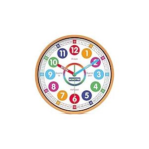 Homotte Horloge murale pour chambre &agrave; coucher, 25,4 cm, horloge d'apprentissage ronde, multicolore, silencieuse, analogique, sans tic-tac, horloge murale &eacute;ducative unisexe, d&eacute;coration d'int&eacute;rieur