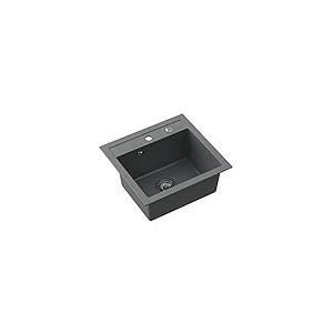 QUADRON évier cuisine granit | Taille 47 x 50 x 18,5 cm, Gris et Acier | JOHNNY 110 évier en granit évier simple bassin | évier encastré avec trou pour robinet | evier cuisine 1 bac