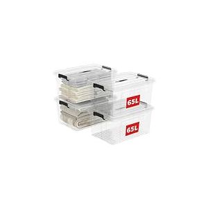 Cetomo 65L*4 Bo&icirc;te de Rangement, Bac de rangement avec Poign&eacute;e, Plastique Organisateur avec Couvercle, Empilable, Transportable, pour V&ecirc;tements, Bureau, Chambre, Dortoirs, Transparent, 65L - Lot de 4
