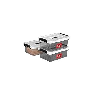 Cetomo 15L*3 Bo&icirc;te de Rangement, Bac de rangement avec Poign&eacute;e, Plastique Organisateur avec Couvercle, Empilable, Transportable, pour V&ecirc;tements, Bureau, Dortoirs, Transparent Noir, 15L - Lot de 3