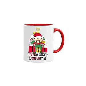 Acen Merchandise Mug de Noël humoristique de qualité supérieure avec inscription « Overworked & Underpaid » - 325 ml