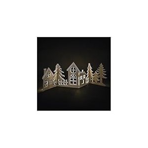 EMOS - Village en bois LED, pliable - D&eacute;coration en bois avec village, blanc chaud - Minuterie 6/18 h - C&acirc;ble de 30 cm - Fonctionne avec 2 piles AA - Dur&eacute;e de vie : 10 000 heures - Pour l'int&eacute;rieur