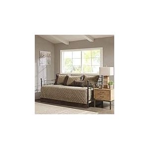 Madison Park Boone Couvre-lit matelass&eacute; Double Face en Daim synth&eacute;tique pour lit de Jour Toutes Saisons avec Cache-lit, taies Assorties et oreillers d&eacute;coratifs (190,5 x 99,1 cm), Marron - 6 pi&egrave;ces