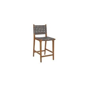 Ball & Cast Tabouret de comptoir tissé avec Dossier, Tabouret de Cuisine en Bois avec siège en Cuir PU, Tabouret de Bar avec Repose-Pieds pour Salle à Manger, Gris foncé