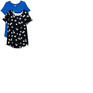 Amazon Essentials Tunique Encolure Dégagée à Manches Courtes Femme, Lot de 2, Bleu Vif/Noir Fleuri, XL