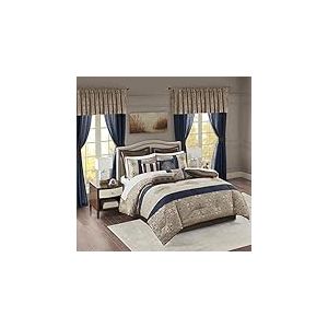 Madison Park Parure de lit de Luxe Toutes Saisons, draps, oreillers et Rideaux d&eacute;coratifs, cantonni&egrave;re, Polyester, Bleu Marine, 24 pi&egrave;ces, tr&egrave;s Grand lit