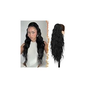 BARSDAR Noir Queue de Cheval Extension, Cordon Queue de Cheval pour Femme, 66cm Longue Ondul&eacute;es Queue de Cheval Extension de Cheveux, Synth&eacute;tique Clip en Queue de Cheval Postiche, Naturel Noir