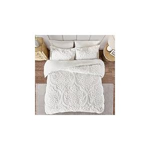 Madison Park Parure de lit en chenille touffetée 100 % coton - Housse de couette moderne de luxe toutes saisons avec taies assorties - Très grand lit/très grand lit californien (264,2 x 233,7 cm), damassé blanc cassé, 3 pièces