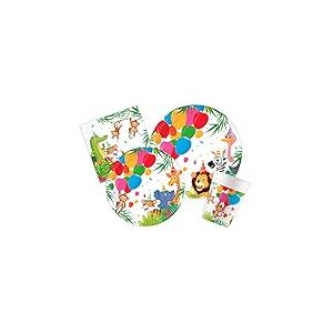 Ciao-Kit Table Fête Party animaux Jungle Balloons 24 personnes (112 pcs: assiettes, gobelets, serviettes) en papier FSC Vaisselle, AZ123, Multicolor