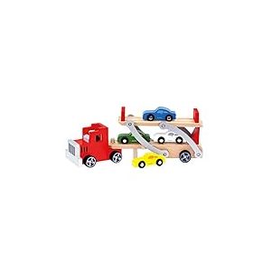 Bino World of Toys Transporteur de Voitures en Bois Jouets en Bois pour Enfants à partir de 3 Ans (4 Voitures-Jouets, remorque détachable, Dimensions : 37,5 x 8,5 x 13,5 cm), Coloured