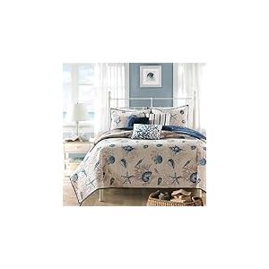 Madison Park Parure de lit légère et Respirante pour Toutes Les Saisons, Housse de Couette Assortie, taie d'oreiller décorative, Polyester, Bleu Coquillage, Taille King Size (264,2 x 238,8 cm)