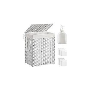 SONGMICS Panier à Linge avec Couvercle, Corbeille 90L, 2 Compartiments, Sacs Amovibles, Poignées, Tressé à la Main, pour Chambre, Buanderie, Salle de Bain, 33 x 46 x 60 cm, Blanc LCB251W01V1
