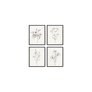 HAUS AND HUES Lot de 4 affiches murales florales grises pour mur vintage, impressions botaniques, images de fleurs noires et blanches pour chambre, esthétique, salle de bain de ferme, art rustique