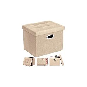 COSYLAND Pouf de Rangement Pliable en Lin avec Couvercle - Banc Coffre Multifonction 43 x 33 x 33 cm - Tabouret Repose-Pieds 150kg - Ottoman de Salon Espace de Stockage Caché, Beige