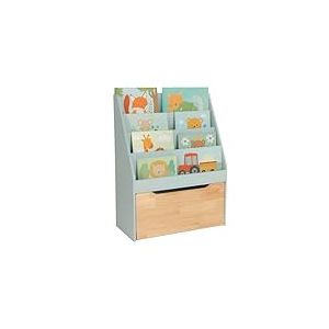 &Eacute;tag&egrave;re Enfant Relaxdays, H x l x P : 80 x 60 x 30 cm, 4 Compartiments, Coffre &agrave; Jouets sur roulettes, Turquoise/Nature