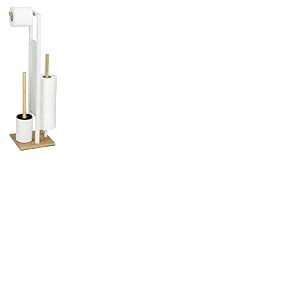 Garniture de WC sur Pied Mod. Rivalta Brosse WC Support Papier Toilette Bambou Acier Verre sécurité Porte-Rouleau 18 x 70 x 23 cm Blanc Naturel