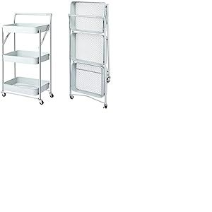 Chariot de Cuisine Pliable Multifonction avec poign&eacute;e 3 &eacute;tag&egrave;res, paniers 4 roulettes et Frein int&eacute;gr&eacute; en m&eacute;tal, Chariot &eacute;conomise de l'espace, Blanc