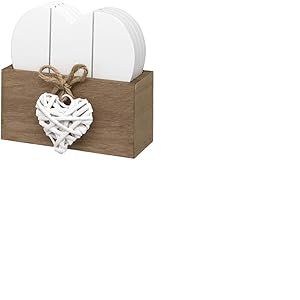 Maturi H314 Lot de 4 sous-Verres en Bois en Forme de cœur avec Support en Bois, Marron/Blanc