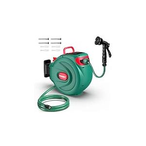 HICHIKA Enrouleur de Tuyau d'Arrosage 20m – Enrouleur Extensible Murale pour Jardin avec Verrouillage et Enroulement Automatique, Buse à 8 Modes, Boîte Pivotante 180°, pour Arrosage Extérieur