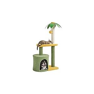 Yaheetech Petit Arbre &agrave; Chat Design Cocotier Griffoir pour Chat Chaton avec Corde en Sisal Cachette Boule Suspendue Perchoir Incurv&eacute; Arbre &agrave; Grimper 94 cm de Haut Vert/Jaune