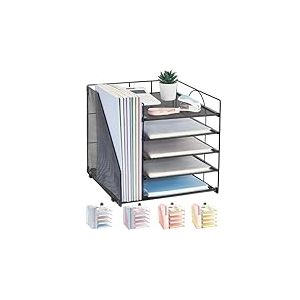 LEKETREE Organiseur de Bureau avec bac &agrave; courrier &agrave; 5 Niveaux et Porte-fichiers, Accessoires de Bureau pour Fournitures de Bureau et Espace de Travail (Noir)