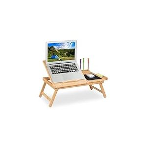 Relaxdays Support de Tablette pour lit & canapé, Pliable, HxLxP : 17,5x62x34 cm, Bambou, tiroir & Tapis à Souris, Nature