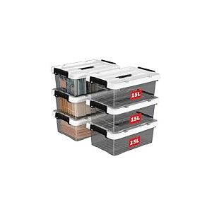 Cetomo 15L*6 Boîte de Rangement, Bac de rangement avec Poignée, Plastique Organisateur avec Couvercle, Empilable, Transportable, pour Vêtements, Bureau, Dortoirs, Transparent Noir, 15L - Lot de 6