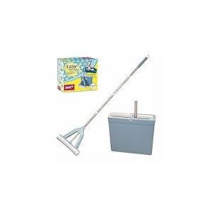YORK Balai serpillère Easy avec éponge PVA absorbante – 34 cm | Essuie-Sol sans Mains mouillées et Sales | Set de serpillère avec Seau, Manche télescopique | 130 cm, Bleu, 34 x 12,5 x 29,5 cm