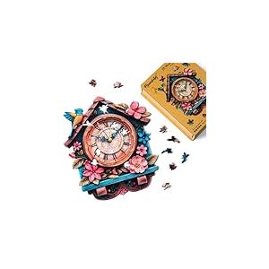 Figured'Art Puzzle en Bois Adulte et Enfant 200 pièces - Horloge Coucou Florale - Design Original 24,7x28,5 cm Forme Unique avec Coffret en Bois Premium, Parfait pour Offrir en Cadeau