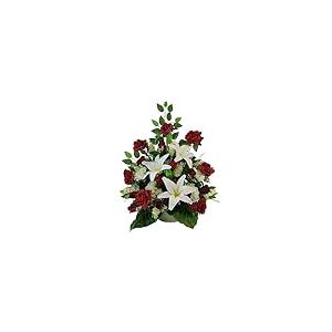DRW Centre de Fleurs Artificielles pour Cimeti&egrave;re Blanc et Rouge &Eacute;glises Mariages Centre de Fleurs pour Les Saints avec Liliums, bourgeons, gerberas et hortensias Rouge et Blanc 80x65x30 cm
