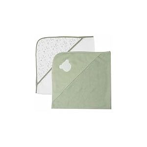 Trois Kilos Sept, Lot de 2 Sorties de Bain B&eacute;b&eacute; 70x70cm, en Eponge Douce, avec Capuche, Ourson & Fleurs Vert Olive, Naissance