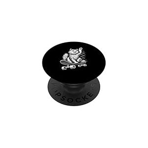 Skater Happy Fluffy Cat chevauchant Une Patte de Skateboard en l'air PopSockets PopGrip Adhésif