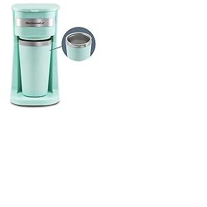 Elite Gourmet EHC113M Cafeti&egrave;re compacte pour une personne avec gobelet isotherme de 400 ml, acier inoxydable, compatible caf&eacute; moulu, filtre r&eacute;utilisable, menthe
