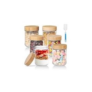 Romon Overnight Oats Jar, Lot de 6 Pot en Verre 480ml Herm&eacute;tique, Bocaux Yaourt Avoine en Verre avec Couvercle en Bois &agrave; Vis Scell&eacute;s, Meal Prep Containers pour Pr&eacute;paration des Repas Yaourt C&eacute;r&eacute;ales