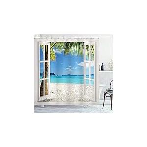 Ambesonne Ocean Decor Collection Rideau de douche en polyester avec crochets Motif palmiers tropicaux sur une &icirc;le Plage &agrave; travers les fen&ecirc;tres en bois blanc Multicolore 175,3 cm de large x 177,8 cm de