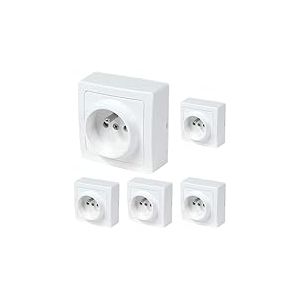 DEBFLEX Interrupteur va et vient - Prises electriques Standard - Prise extra plate - Prise murale - Interrupteur va et vient sans Fil - Prise murale - Gamme Blok - Prise 2P+T Blanc, Paquet de 5