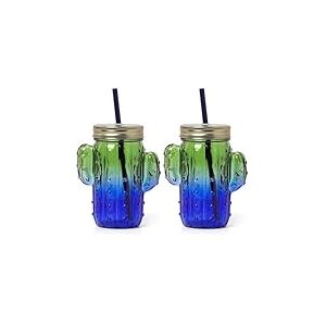 Legami - Verre en verre avec bouchon et paille, Cheers, 11 x 14,5 cm, 350 ml, en verre, plastique, acier inoxydable, th&egrave;me Cactus, tasse avec poign&eacute;e en forme de plante grasse, bouchon &agrave; vis (JAR0002)