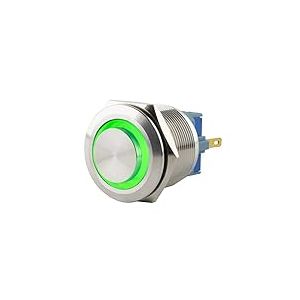 SeKi Bouton poussoir en acier inoxydable - Diam&egrave;tre : 25 mm - Forme de t&ecirc;te saillante - Anneau LED color&eacute; - &OElig;illets &agrave; souder verts - Connecteur plat 0,5 x 2,8 mm - Bouton de sonnette