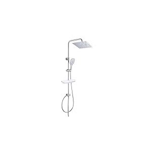 JOHO Colonne de Douche Hydromassante avec Étagère Douche sans Percage Blanc Ranger Shampooing Savon Système de Douche Pluie Réglable en Hauteur pour Salle de Bain Pommeau Douche 25x25cm