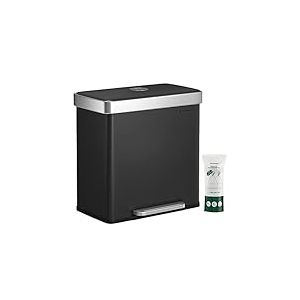 ?SONGMICS Poubelle Tri Sélectif 2 Bacs, 2 x 30L, Poubelle Double Cuisine en Inox, avec 15 Sacs Poubelles, avec Seaux en Plastique, Couvercles à Fermeture Lente, 58,2 x 31,5 x 60,5 cm, Noir LTB202B01