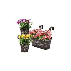 PerGar Lot de 3 Pots de Fleurs Vintage en Fer à Suspendre au Mur, Pot de Fleurs Rustique, Pot de Fleurs avec Crochets Amovibles et Trou de Drainage pour Balustrade, clôture, Balcon, terrasse, Jardin,