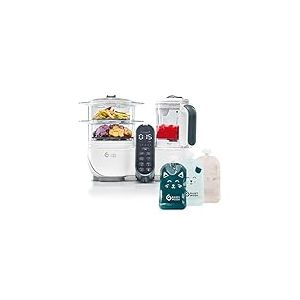 Babymoov Pack Nutribaby(+) Blanc + 15 Gourdes Réutilisables 150ml, Robot Cuiseur Bébé 6 en 1, Cuiseur Vapeur Mixeur, Grande Capacité 2,2L, Petits Pots Bébé Faits Maison, Idéal Diversification