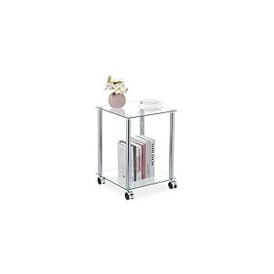 Relaxdays Table d’appoint avec roulettes, 2 Supports, carrée, Salon, Verre ER Acier, Table Basse, Transparente/argentée