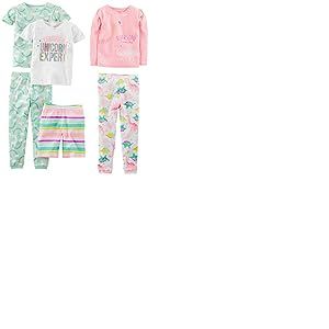 Simple Joys by Carter's Ensemble de Pyjama 6 Pi&egrave;ces en Coton, Coupe Ajust&eacute;e Fille, Lot de 3, Blanc Dinosaure/Rose/Vert Menthe Arc-en-ciel/Licorne/Rayures, 2 ans