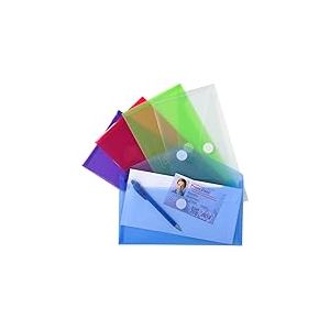 Exacompta - Réf. 56510E - Carton de 50 pochettes-enveloppes fermeture scratch et rabat - En PP souple - Dimensions d'une pochette : 25 x 13,5 cm - Format à classer 24x13 cm - Couleurs assorties